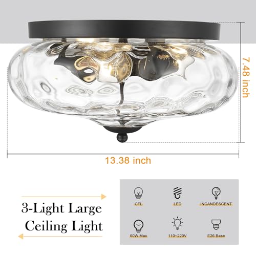 Darkaway Large Ceiling Light Fixtures, 3-Light Flush Mount Indoor Outdoor Ceiling Light with Water Ripple Glass Shade for Hallway Kitchen Bedroom Porch Living Room Black Finish