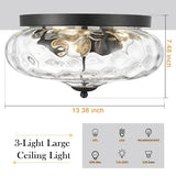 Darkaway Large Ceiling Light Fixtures, 3-Light Flush Mount Indoor Outdoor Ceiling Light with Water Ripple Glass Shade for Hallway Kitchen Bedroom Porch Living Room Black Finish