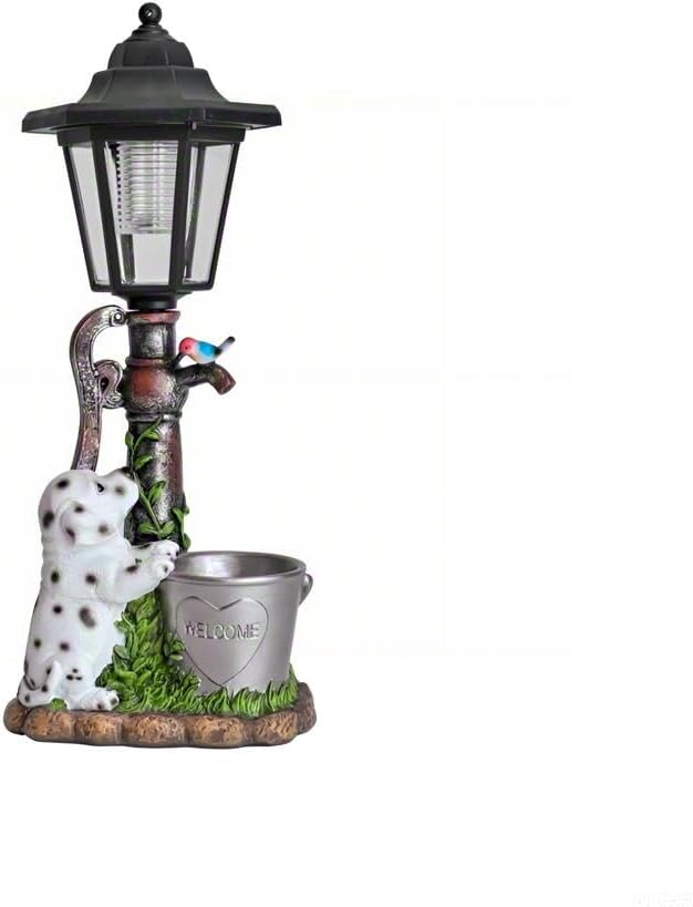 Solar Dalmatian Dog Garden Statue with Light-13 inches - Outdoor Waterproof decor with automatic lighting，perfect for Lawn,Patio, Yard-with Bucket & Bird Figurine for Dog Lovers, Mom, Grandma