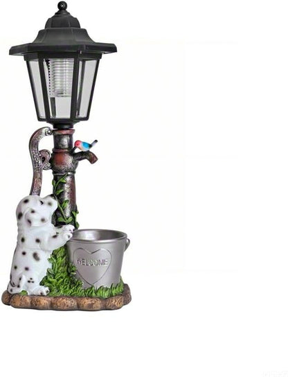 Solar Dalmatian Dog Garden Statue with Light-13 inches - Outdoor Waterproof decor with automatic lighting，perfect for Lawn,Patio, Yard-with Bucket & Bird Figurine for Dog Lovers, Mom, Grandma
