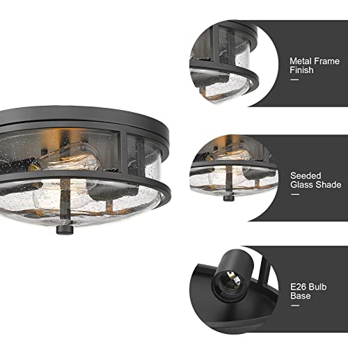 Flush Mount Ceiling Light Fixture, 12 Inch 2-Light Modern Farmhouse Semi Ceiling Light with Seeded Glass for Bedroom, Entryway, Kitchen, Hallway, ROS88 BK