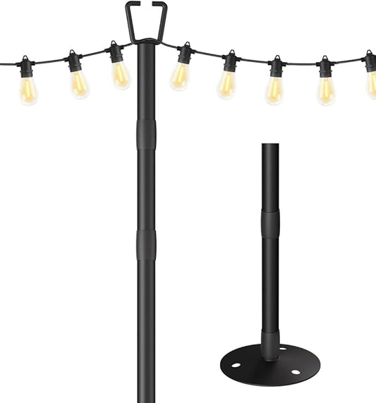 10FT String Light Poles for Outdoor Decor, Sturdy Light Pole with Hard Ground Base, Adjustable Metal Posts for Outside Patio, Backyard, Deck, Garden, Party, Wedding