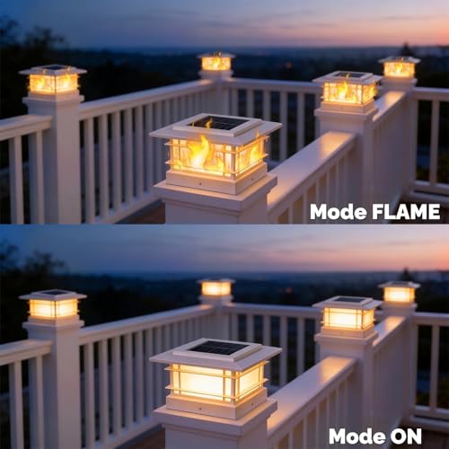 6 Pack Solar Post Cap Lights Outdoor with Flickering Flame Light, White Shell Fence Post Solar Lights Fit 4x4 5x5 Vinyl/Wooden Posts, Brightness LED Lighting Decor for Garden Deck Patio