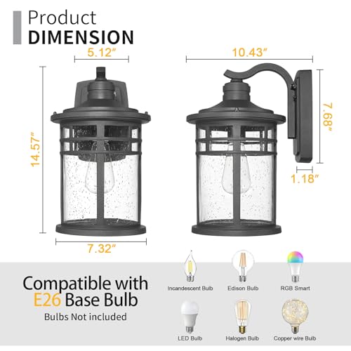 Darkaway Dusk to Dawn Outdoor Porch Wall Light,Outside Wall Mounted Light Seeded Glass Exterior Waterproof Lantern 14.57inch Large Modern Wall Sconce Lighting for House Front Door Garage