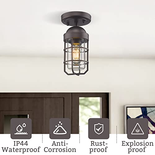 Emliviar 2 Pack Farmhouse Semi Flush Mount Ceiling Lights, Small Ceiling Lights for Porch, Clear Tempered Glass in Oil Rubbed Bronze Finish, GE255F-2PK ORB