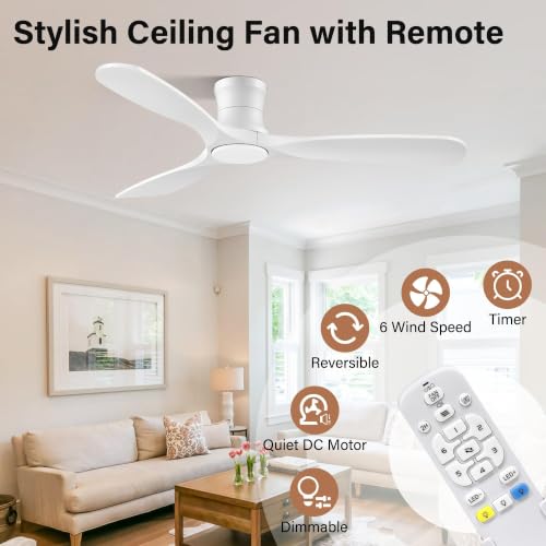 52Inch Wood Low Profile Ceiling Fans with Lights Remote,Flush Mount,White