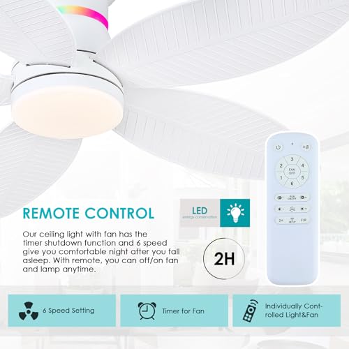 Surtime 46" White Ceiling Fans with RGB Lights - Flush Mount Ceiling Fan Light with LED 3CCT Dimmable, Tropical Palm Leaf Ceiling Fans for Indoor Party,Covered Outdoor