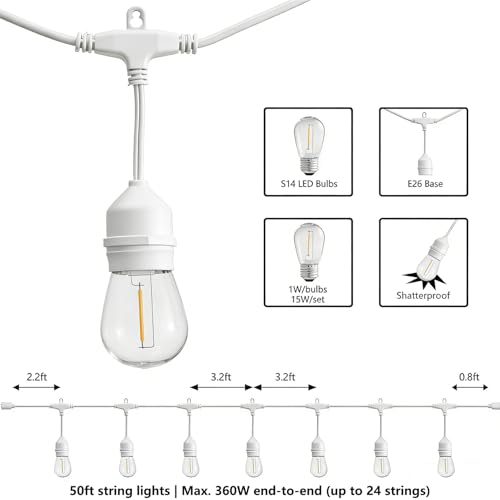 SUNTHIN 50FT White Outdoor String Lights with 16 1W LED Bulbs
