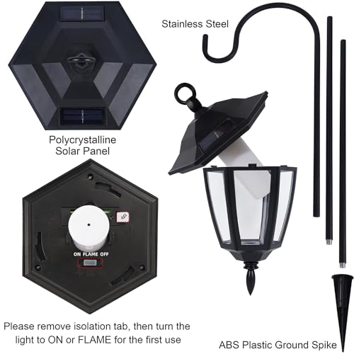 Dynaming 4 Pack Solar Halloween Flame Hanging Lights Outdoor, Flickering Flame LED Garden Lanterns with 4x38 Inch Shepherd Hooks, Landscape Lighting Waterproof for Lawn Yard Pathway Driveway, Purple