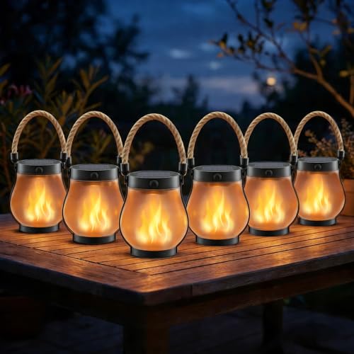 Solar Lanterns Outdoor Waterproof 6-Pack, 2nd Gen Flickering Flame Effect