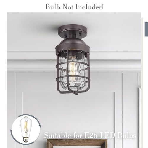 Emliviar Oil Rubbed Bronze Finish Light Fixture Ceiling Mount, Retro 11.1" Semi Flush Lighting with Water Ripple Glass Shade, GE255LF ORB-WG