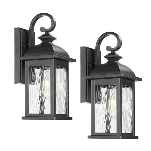 FEMILA 2 Packs Outdoor Waterproof Wall Lights Fixture, 15" Wall Lantern for Porch, Anti-Rust Matte Black Finish with Water Ripple Glass,4FD54B-2PK BK-WP