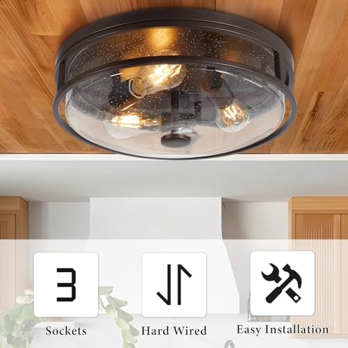 16 Inch Large Flush Mount Ceiling Light Fixture with Seeded Glass, Bronze