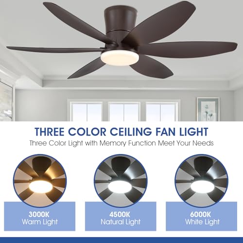 Surtime 48In Ceiling Fans with Light and Remote/APP Control, 6-Blade Reversible Motor Ceiling Fan, 3-Color Dimmable Lighting, All-Brown Finish