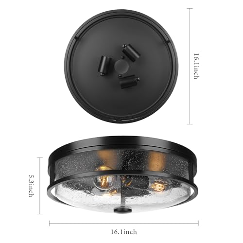 16 Inch Large Flush Mount Ceiling Light Fixture with Seeded Glass, Black Round Ceiling Lamp Shade, Modern Farmhouse Indoor Outdoor Ceiling Lighting for Kitchen Dining Living Room Foyer