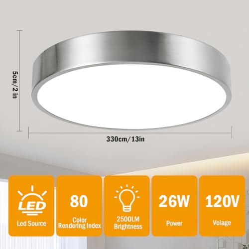 Flush Mount Ceiling Light,Satin Nickel LED Dimmable 3CCT 13"