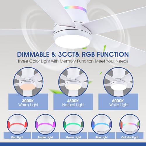 Surtime 46" White Ceiling Fans with RGB Lights - Flush Mount Ceiling Fan Light with LED 3CCT Dimmable, Modern Low Profile Ceiling Fans for Indoor Party,Covered Outdoor