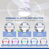 Surtime 46" White Ceiling Fans with RGB Lights - Flush Mount Ceiling Fan Light with LED 3CCT Dimmable, Modern Low Profile Ceiling Fans for Indoor Party,Covered Outdoor