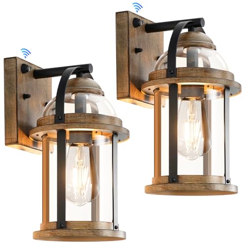 Dusk to Dawn Outdoor Wall Lights, Waterproof Lighting Fixtures Rustic Farmhouse Wall Lanterns with Clear Glass Shades Anti-Rust Outside Lights for Garage Patio Porch(Wood Grain, 2 Pack)