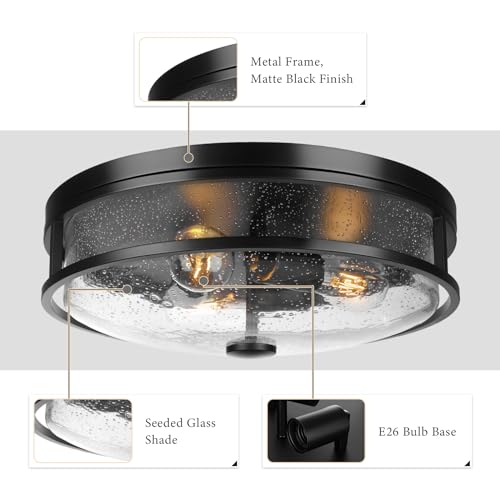 16 Inch Large Flush Mount Ceiling Light Fixture with Seeded Glass, Black Round Ceiling Lamp Shade, Modern Farmhouse Indoor Outdoor Ceiling Lighting for Kitchen Dining Living Room Foyer