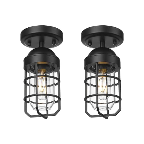 Emliviar 2 Pack Outdoor Ceiling Lights, Modern Industrial Semi Flush Light Fixtures with Clear Tempered Glass in Black Finish, GE255F-2PK BK