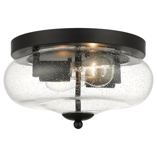 Darkaway Black Ceiling Light Fixtures, Indoor Outdoor Flush Mount Ceiling Light with Seeded Glass Shade for Farmhouse Hallway Kitchen Bedroom Porch Living Dining Room