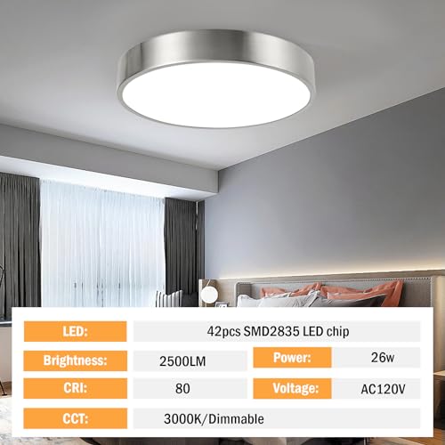 13inch Round Bathroom Ceiling Lighting Fixture, Overhead Polished Brushed Nickel Bedroom Ceiling Lights, Low Profile Led Chrome Flush Mount Light, 26W, 3000K, ETL Listed