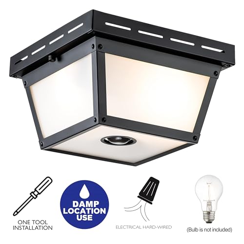 2-Light Motion Sensor Ceiling Light Fixture Outdoor Flush Mount Light Porch Lights Ceiling Mount Black with Textured Glass for Front Porch Deck Covered Patio Hallway