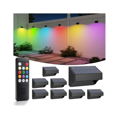 ZCXLIGHT 8 Pack Solar Fence Lights ，10 Fixed Colors ＆ RGB Color Changing