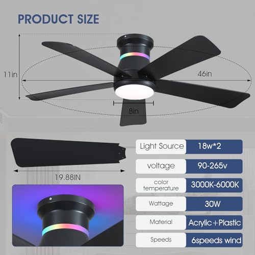 Surtime 46" Black Ceiling Fans with RGB Lights - Flush Mount Ceiling Fan Light with LED 3CCT Dimmable, Modern Low Profile Ceiling Fans for Indoor Party,Covered Outdoor