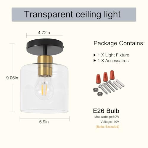 Black Brass Semi Flush Mount Ceiling Light,1 Pack Ceiling Light Fixture