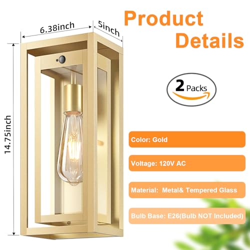 15" Motion Sensor Outdoor Wall Lights, Outdoor Sconces, 2 Pack