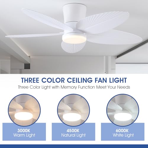 Surtime Palm Leaf Ceiling Fans with Lights-42 Tropical Ceiling Fan with Light and Remote/APP Control,Flush Mount Low Profile White Ceiling Fans for Bedroom,Indoor/Outdoor Patio Use