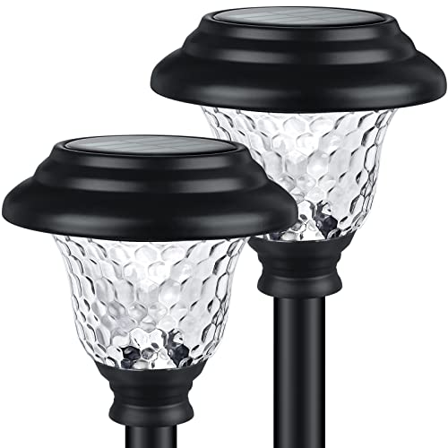 Glass Solar Lights Outdoor waterproof, 2 Pack Super Bright Solar Pathway Lights, Up to 12 Hrs Long Last Auto On/Off Garden Lights Solar Powered, Stainless Steel LED Light For Yard Landscape Cool White