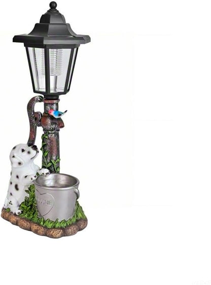 Solar Dalmatian Dog Garden Statue with Light-13 inches - Outdoor Waterproof decor with automatic lighting，perfect for Lawn,Patio, Yard-with Bucket & Bird Figurine for Dog Lovers, Mom, Grandma