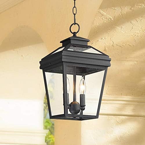 John Timberland Stratton Street Rustic Farmhouse Outdoor Hanging Ceiling Light Fixture Textured Black Lantern 2-Light 16 1/2" Clear Glass Exterior Barn Deck House Porch Yard Patio Outside Garage
