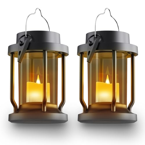 Solar Lantern Outdoor & Indoor Use – Hanging Solar Lights with Realistic Flickering Flameless Candle, Weatherproof for Gardens, Patios, Trees, and Lawns (Black + Gray, 2 Pack)