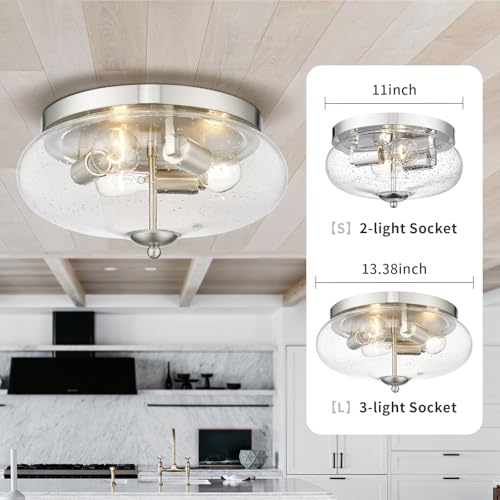 Darkaway Large Ceiling Light Fixtures 3-Ight Flush Mount Indoor Outdoor Ceiling Light with Seeded Glass Shade for Hallway Kitchen Bedroom Porch Living Room Dining Room Nickel Finish