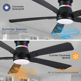 Surtime 52" Black Ceiling Fans with RGB Lights - Flush Mount Ceiling Fan Light with LED 3CCT Dimmable, Modern Low Profile Ceiling Fans for Indoor Party,Covered Outdoor