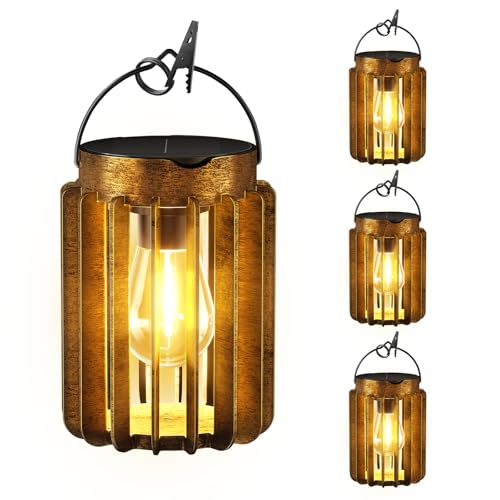 4 Pack Solar Lanterns Outdoor Waterproof, Retro Hanging Lantern, Bronze