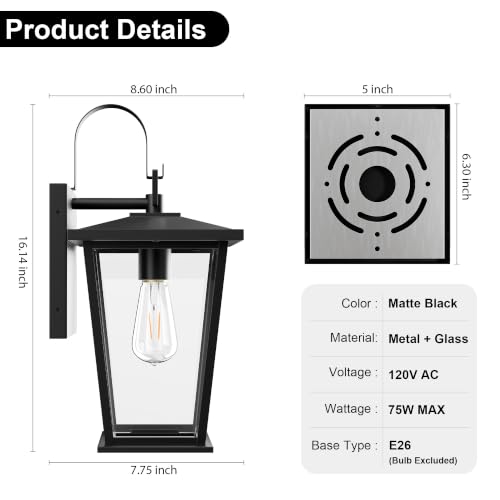 Outdoor Wall Light Fixture, Modern Black Porch Light, Outside Wall Lantern