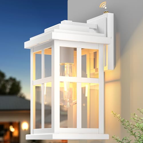 Large White Outdoor Wall Lights, Dusk to Dawn Exterior Lighting Fixtures, Waterproof Outside Lights for House, Garage, Garden, Entryway, Doorway, Anti-Rust, Modern Style, Tempered Glass