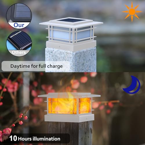 4 Pack Solar Post Cap Lights Outdoor with Flickering Flame Light, White Shell Fence Post Solar Lights Fit 4x4 5x5 Vinyl/Wooden Posts, Brightness LED Lighting Decor for Garden Deck Patio