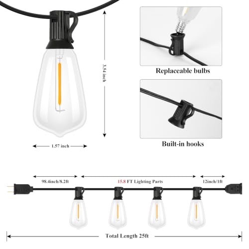 Brightever 25FT Outdoor String Lights 13 Bulbs, 2200K Amber Lights