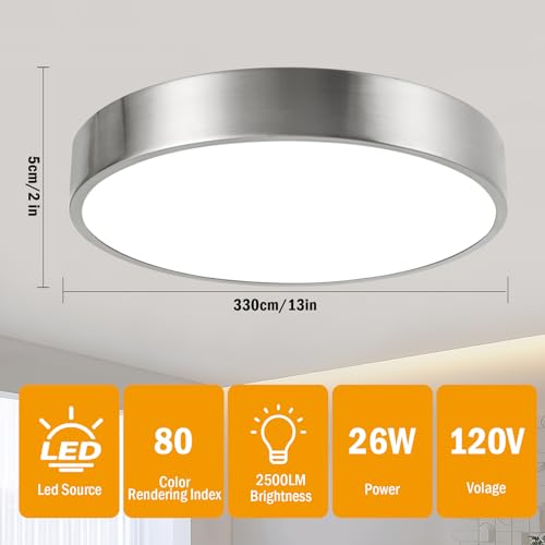 13inch Round Bathroom Ceiling Lighting Fixture, Overhead Polished Brushed Nickel Bedroom Ceiling Lights, Low Profile Led Chrome Flush Mount Light, 26W, 3000K, ETL Listed