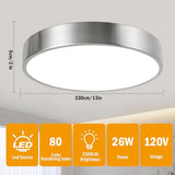 13inch Round Bathroom Ceiling Lighting Fixture, Overhead Polished Brushed Nickel Bedroom Ceiling Lights, Low Profile Led Chrome Flush Mount Light, 26W, 3000K, ETL Listed