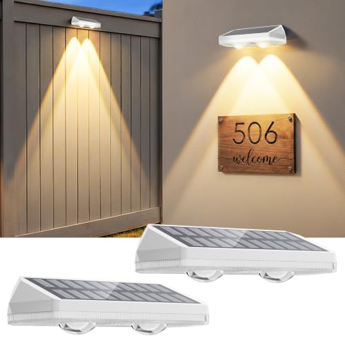 Solar Fence Lights Outdoor ,3000/4500/6000K 13 Mode, 2 Pack Fence Lights Solar Powered with Ultra-Bright Lens IP65 Waterproof,Solar Wall Light for Backyard/Step/Patio/Deck/Stair/Railings(White)