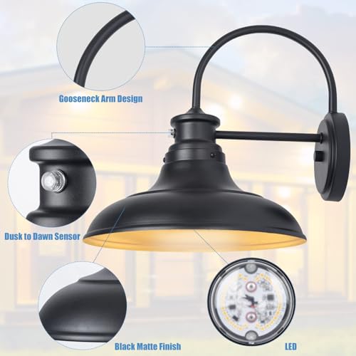 12" Dusk to Dawn LED Outdoor Barn Lights, Farmhouse Gooseneck Porch Lights