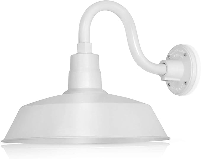 14in. White Outdoor Gooseneck Barn Light Fixture with 10in. Long Extension Arm - Wall Sconce Farmhouse, Vintage | Lumora
