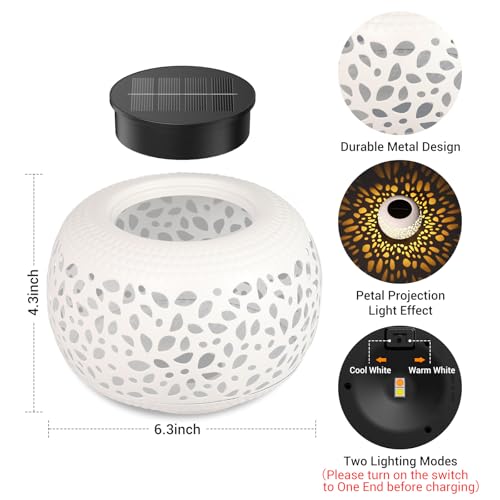 Solar Lanterns Outdoor Waterproof Lights: 2Pack White Hollow Out Metal Table Light, Outside Garden Yard Balcony Indoor Tabletop Lighting Decorations, Unique Gardening Gifts for Women Mom